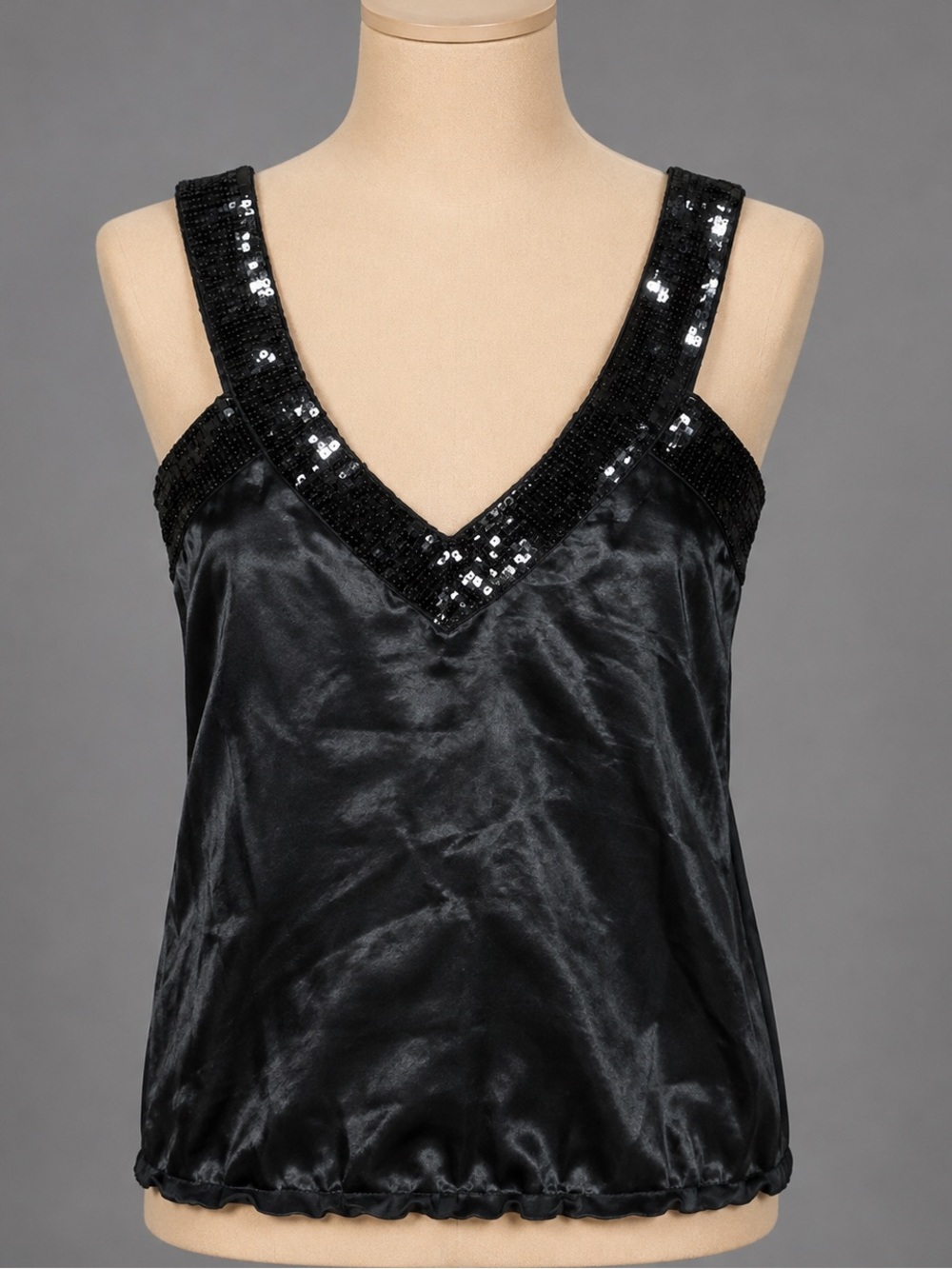Black Sequin Trim Satin Cami Cocktail Party Evening Top Size S
